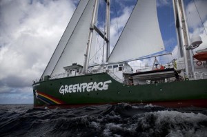 Rainbow Warrior ship navigates in the ocean close to Pará state.